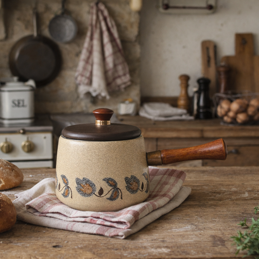 Decorative pot with floral patterns on a wooden table in a rustic kitchen setting.