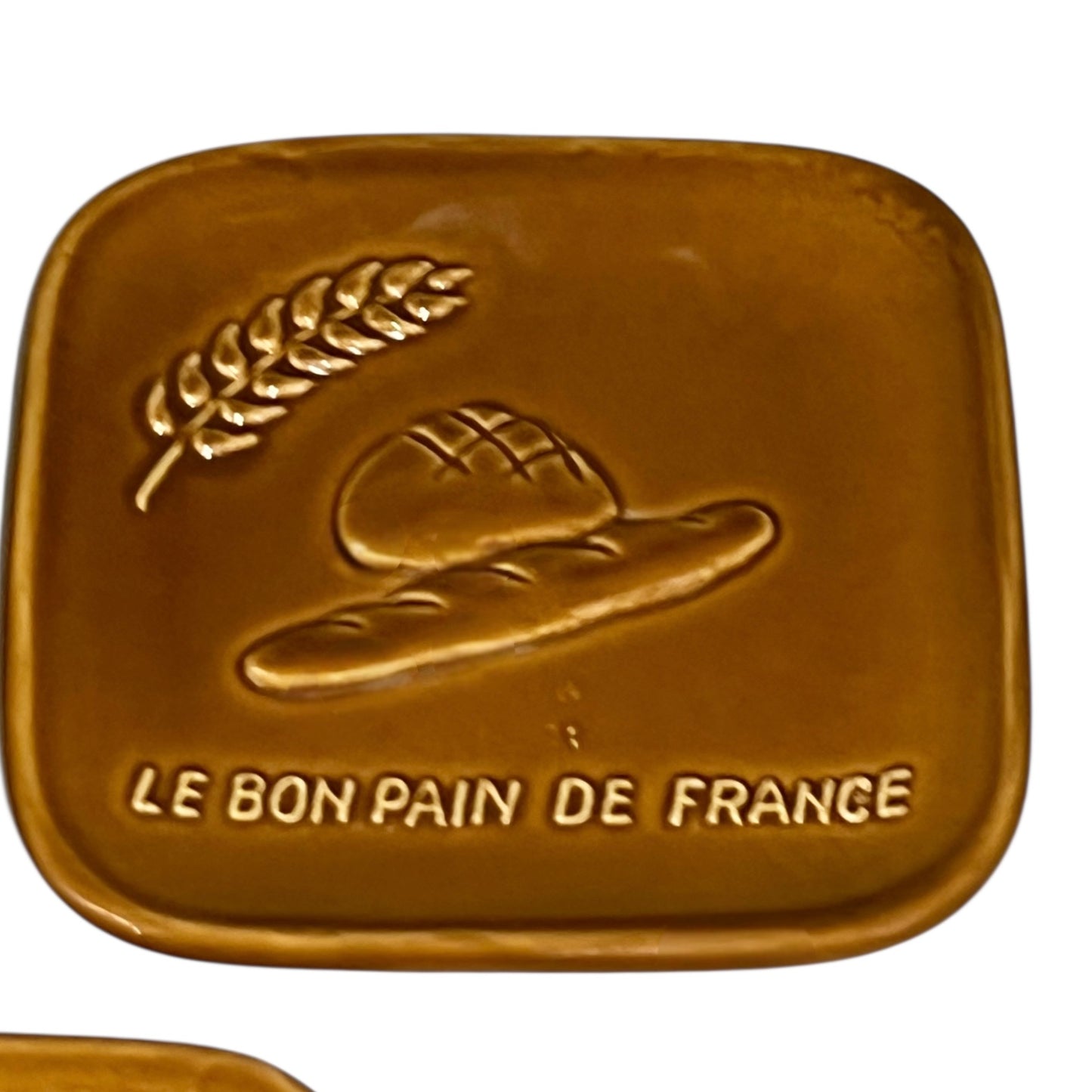 A Small brown ceramic Change Tray from a French Bakery with Le Bon de France and a picture of French bread for sale from All Things French Store