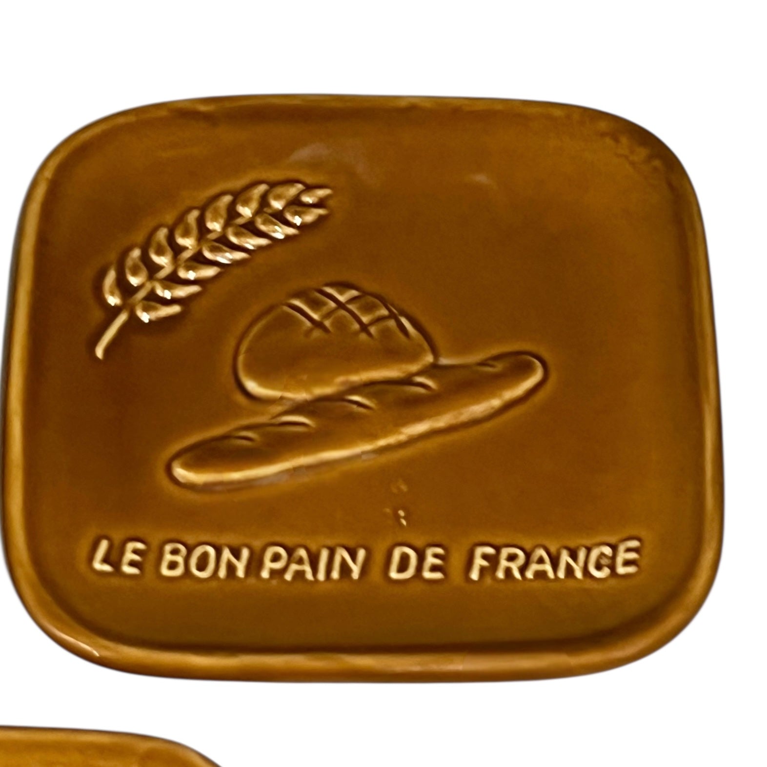 A Small brown ceramic Change Tray from a French Bakery with Le Bon de France and a picture of French bread for sale from All Things French Store