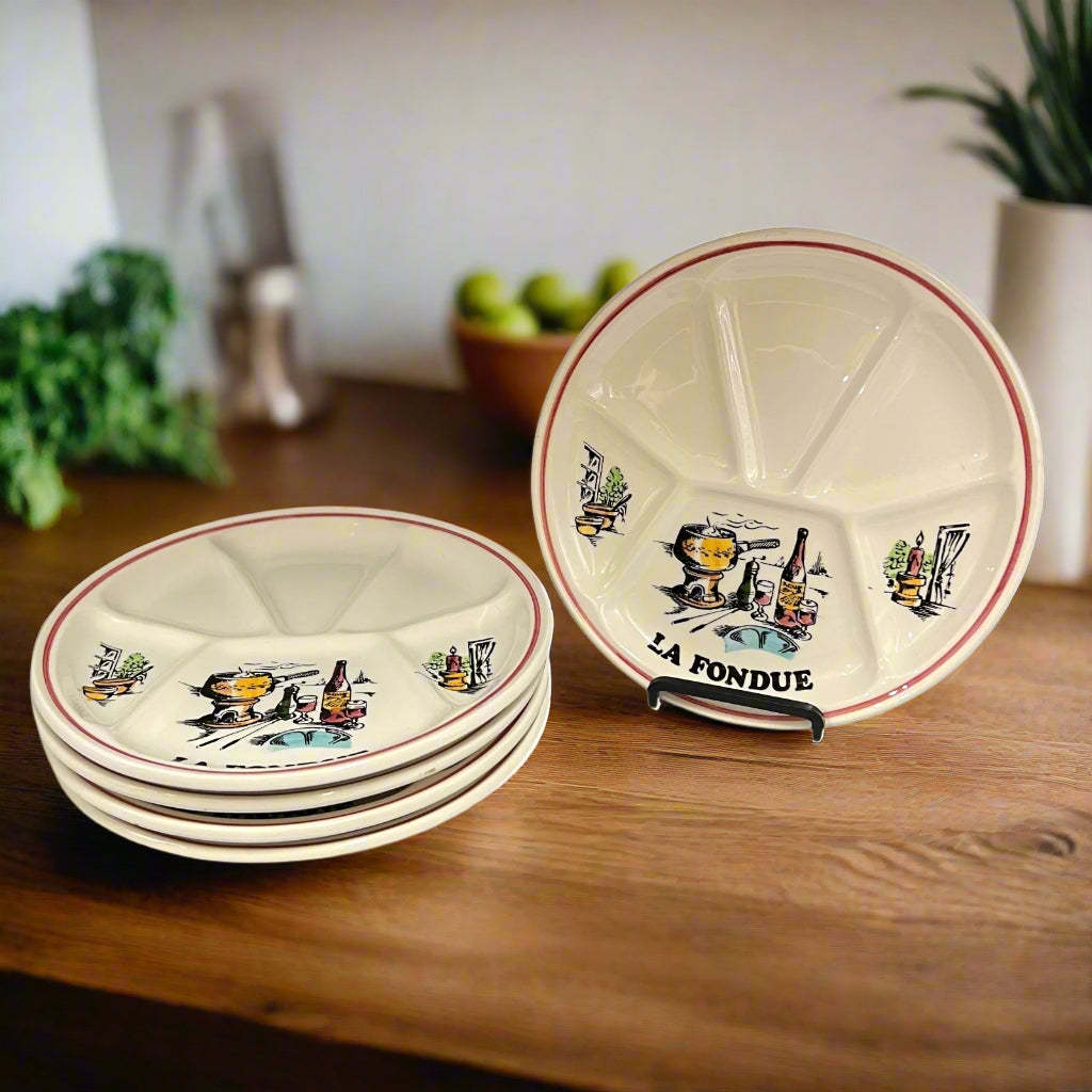 set of 5 French Vintage Fondue Plates or BBQ Plates, Gien Sectioned Dinner Plates
