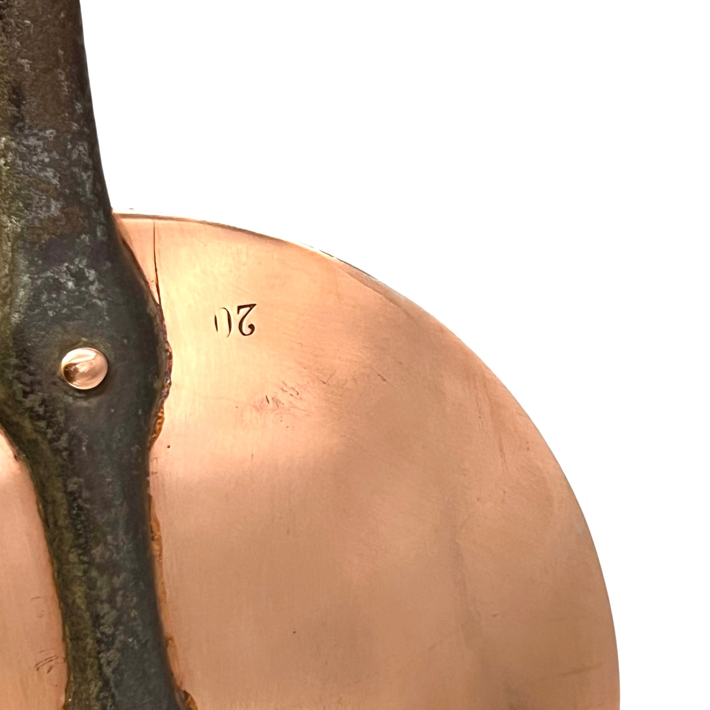 French vintage copper pan lid, 20cm, with cast iron handle on a white background