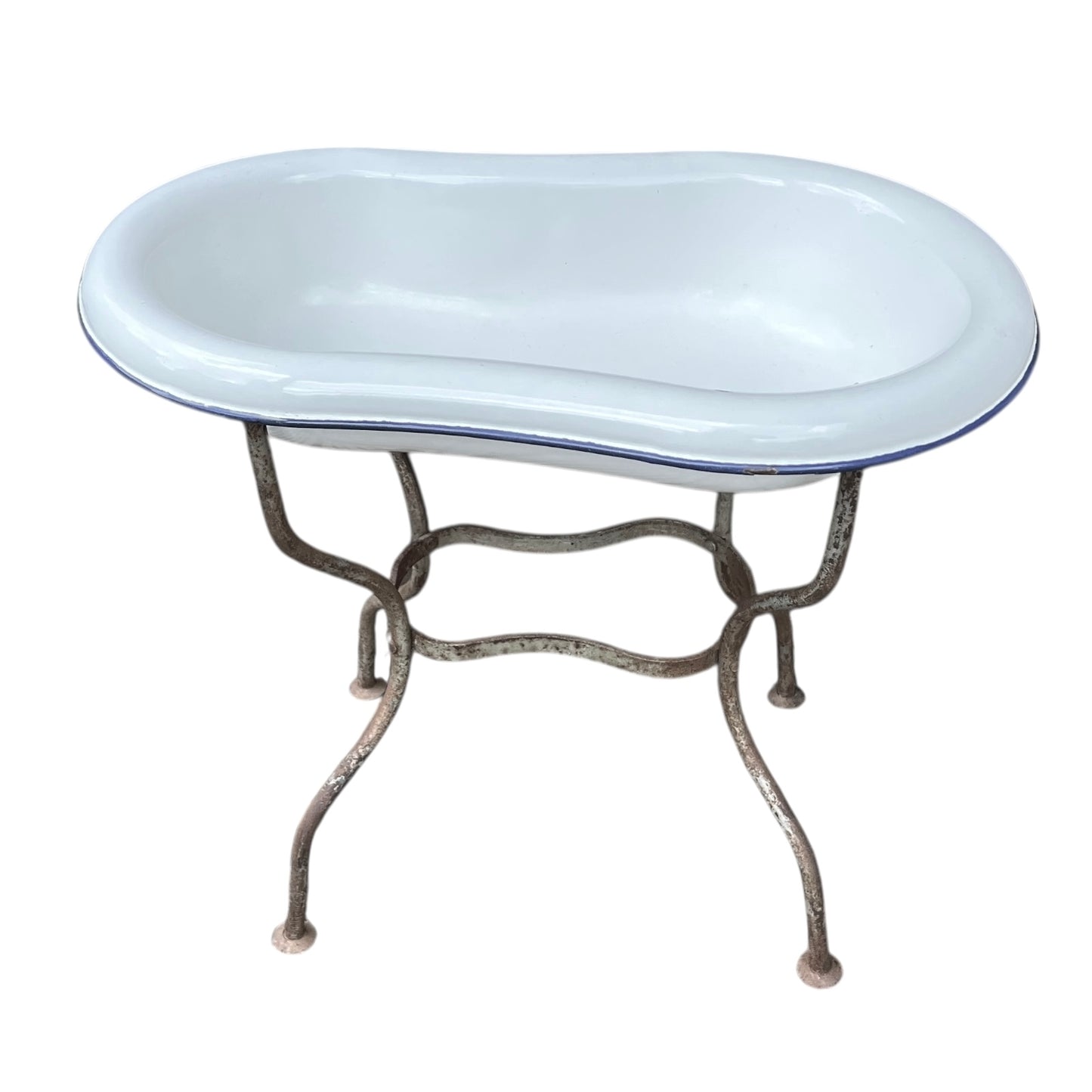 French Vintage Enamel Bathroom Storage, Planter, Ice Bucket, Dolls Bath on a solid metal stand for sale from All Things French Store