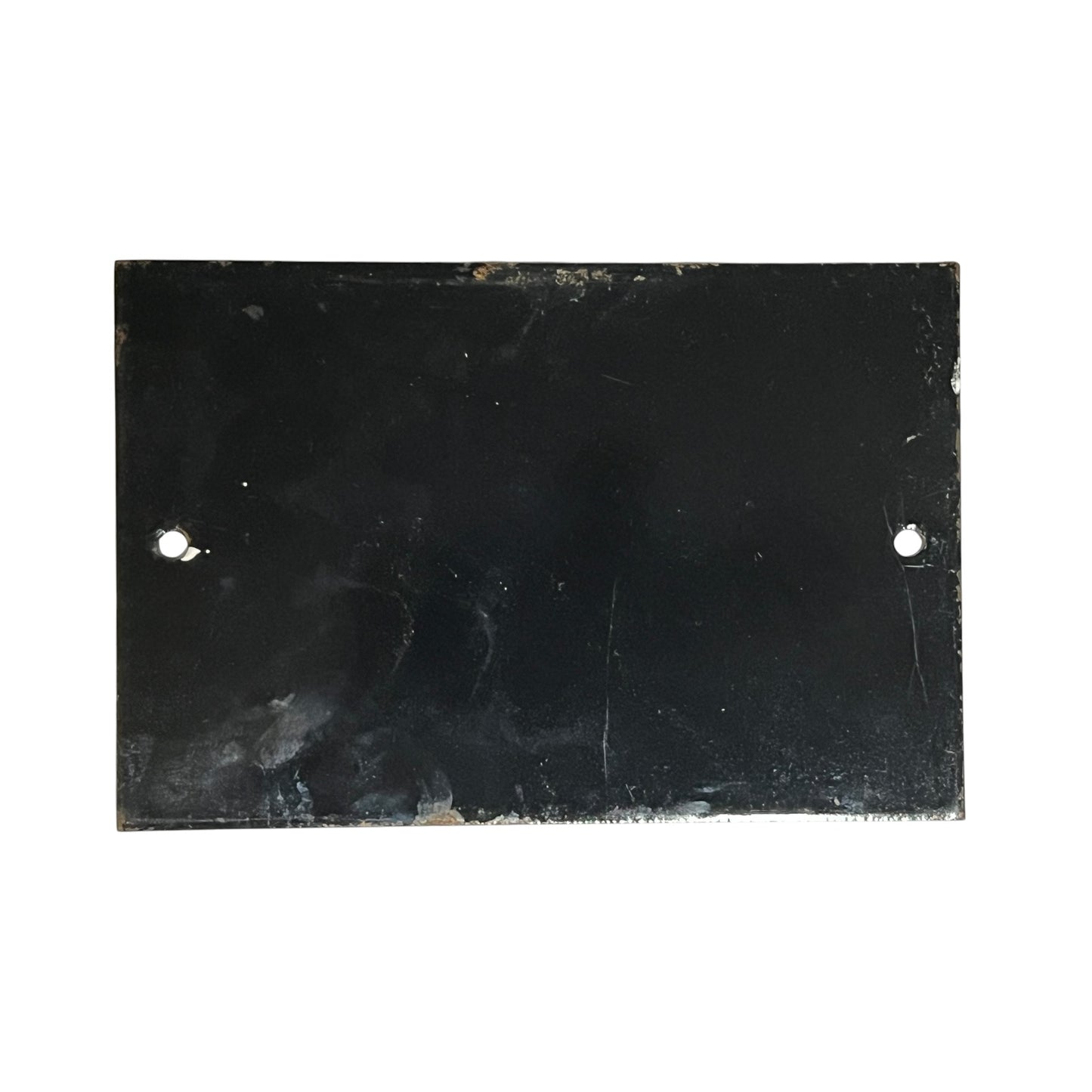 A rectangular black metal plate with rounded corners, featuring two pre-drilled holes on the left and right sides, shown against a plain white background.