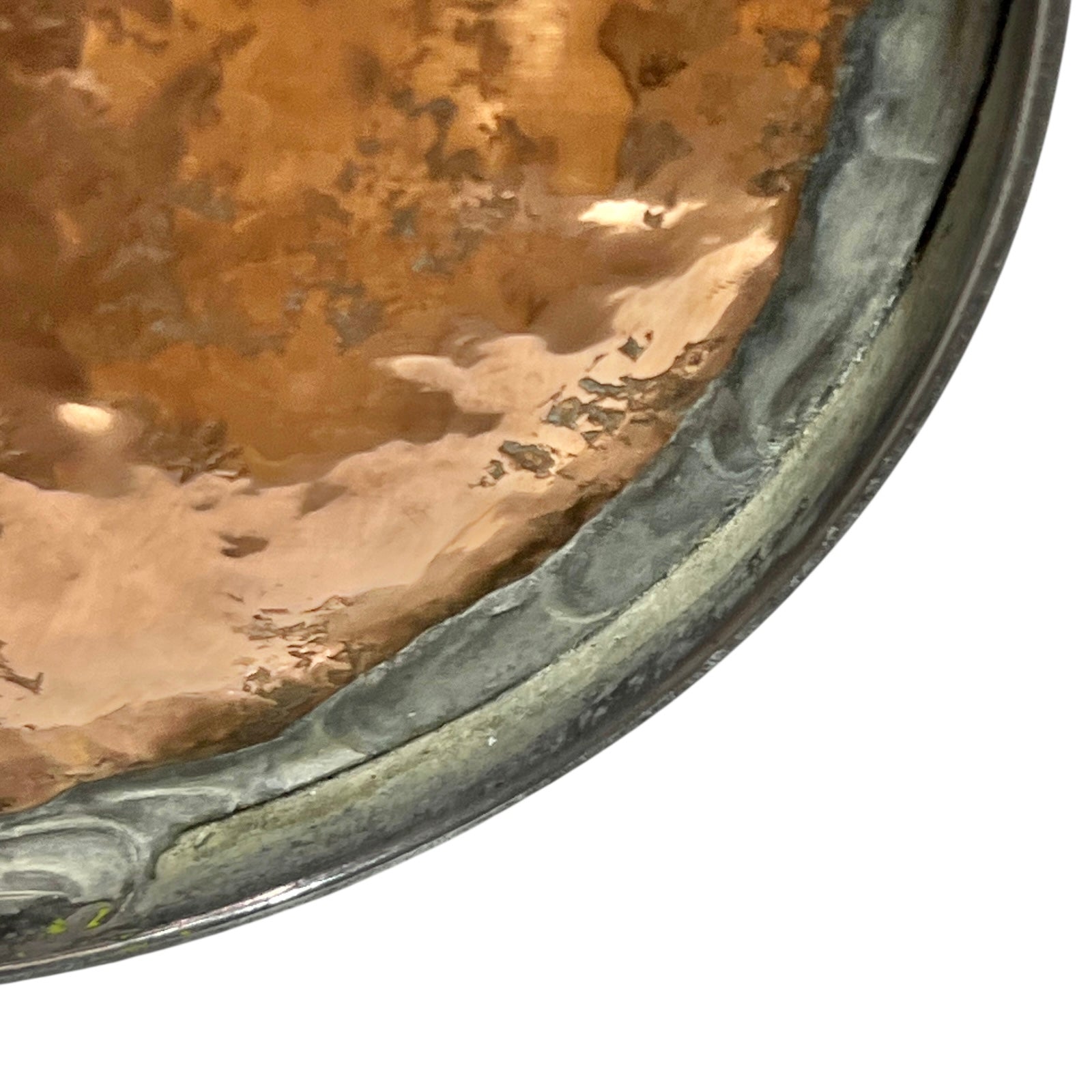 Close-up of a copper milk churn with a chain handle on a white background