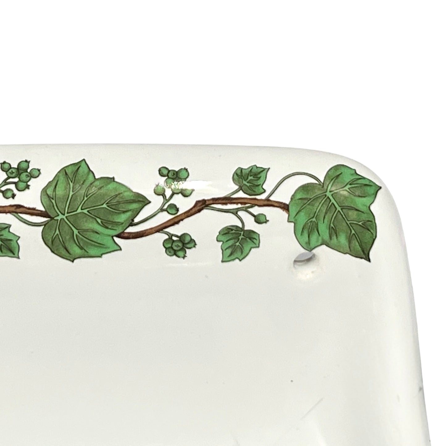 White porcelain double soap dish with green leaf patterns on a white background for sale