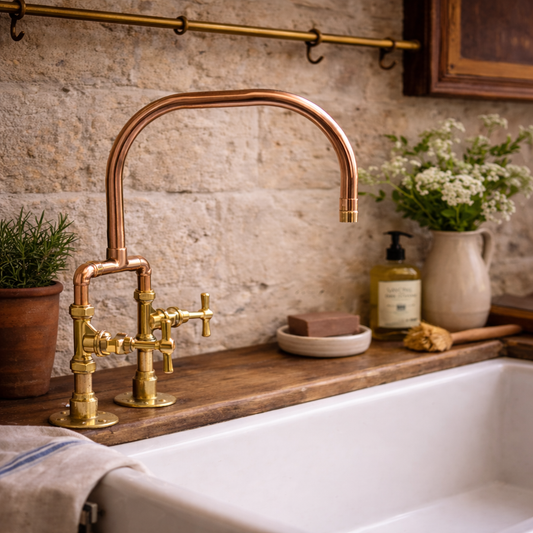Copper kitchen faucet with a rustic sink and wooden countertop.