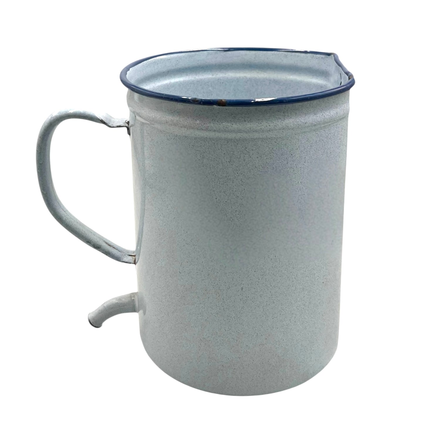 French vintage enamel irrigator jug, white and blue with a handle and a small spout on a white background