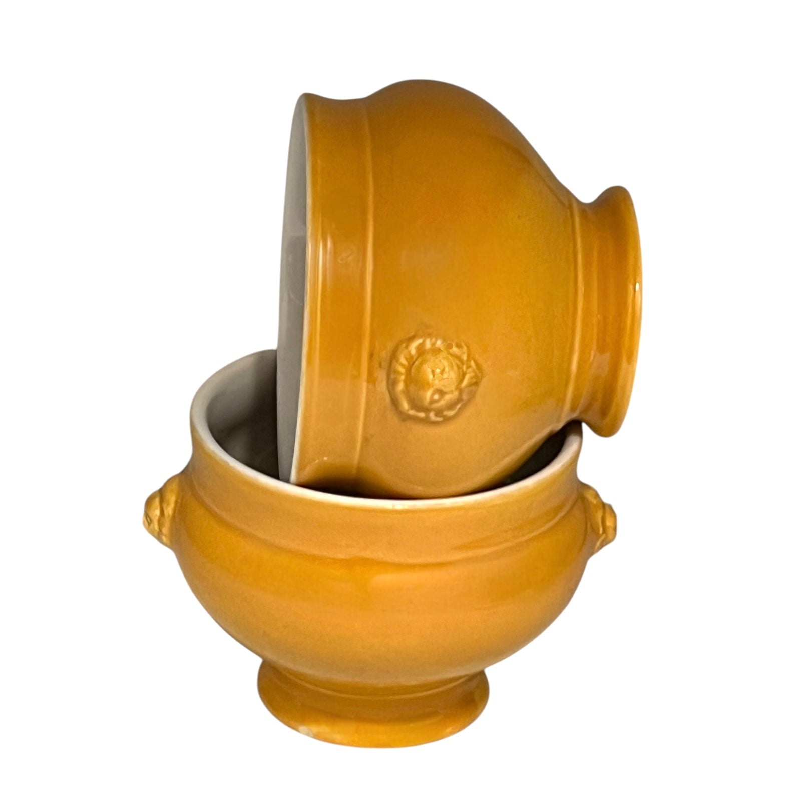 French Lions Head Handle Bowls, Pair of  Bowls, yellow with white inner