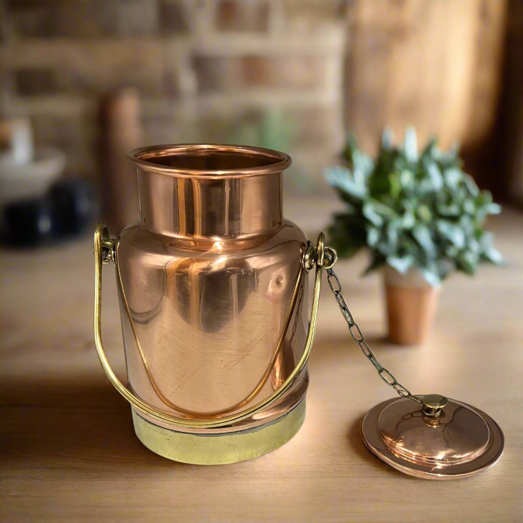Vintage Copper & Brass Milk Cream Churn, Small 1.9L French Copper Canister with brass handle and lid on a chain for sale from All Things French Store
