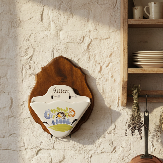 Ceramic wall art with a wooden holder on a stone wall, next to a shelf with kitchenware.