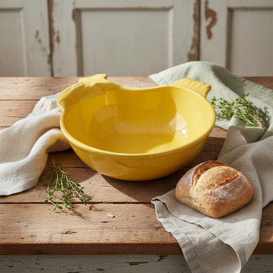 Yellow ceramic bowl on a wooden table with bread and herbs