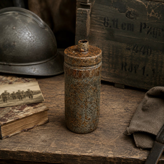 An empty, inert WW1 militaria iron relic from the Battlefields of the Somme, perfect for any collector, set in a bunker style setting beside a helmet and some books