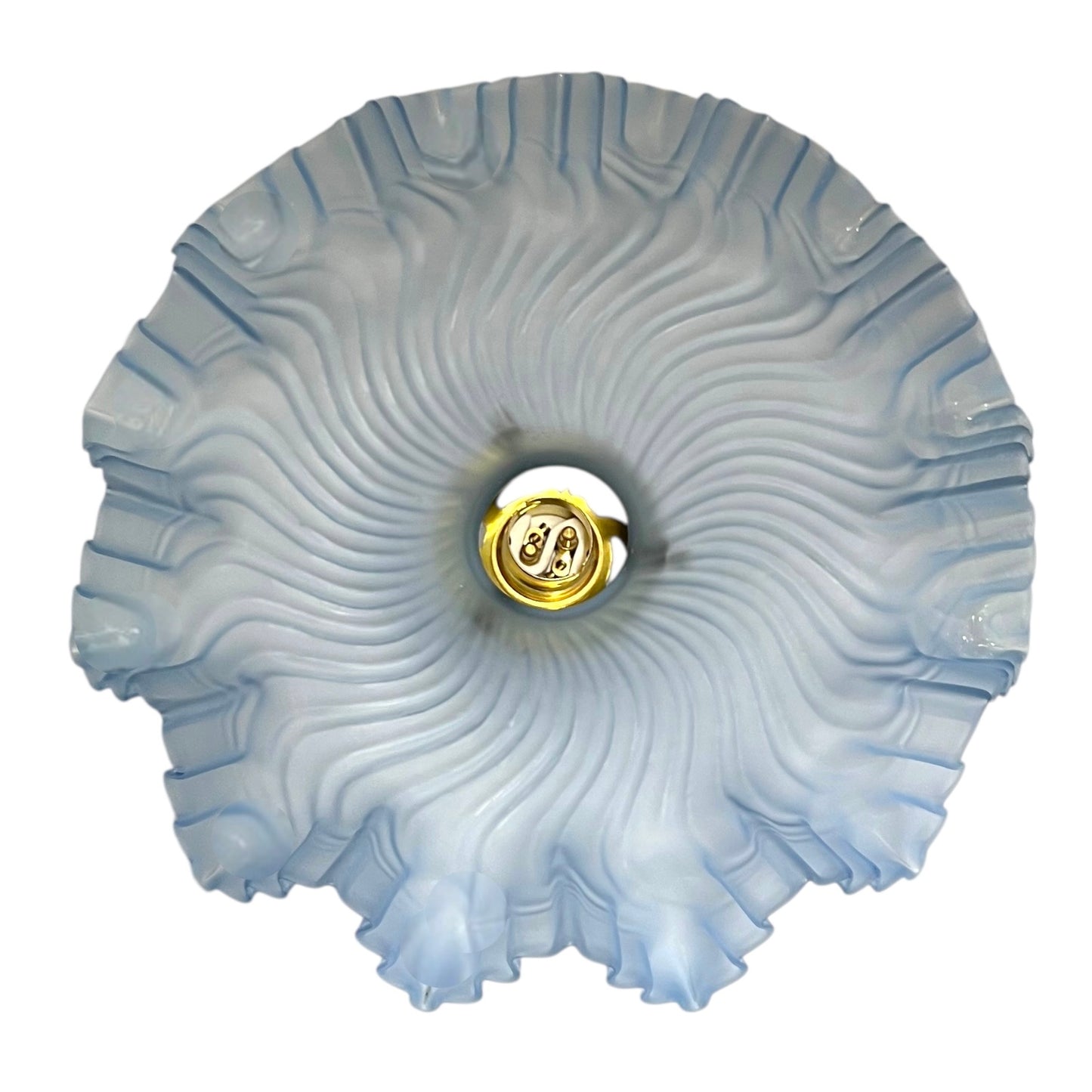 underside of a blue textured glass lampshade with brass sittings