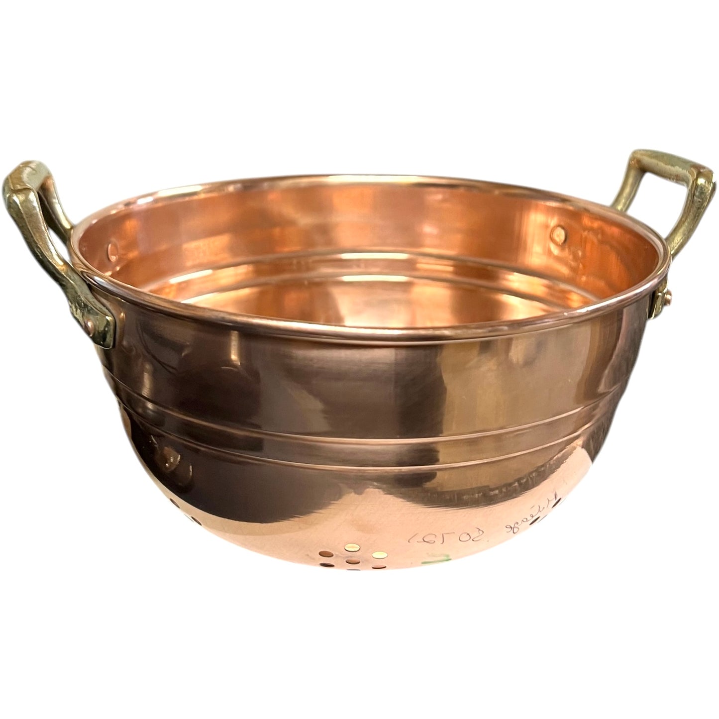 side view of French Copper Sieve with Brass Handles