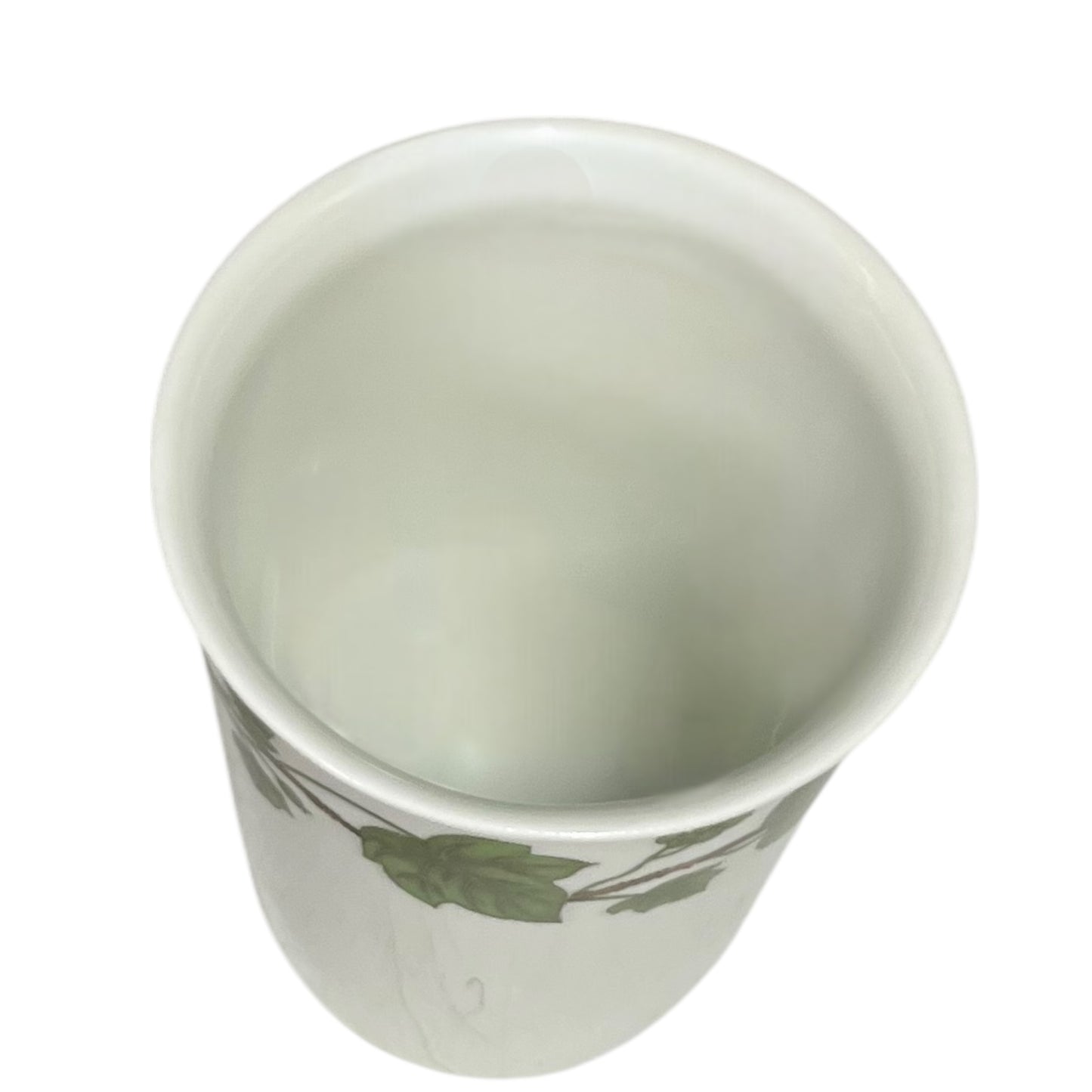 Porcelain bathroom tumbler featuring green leaf patterns on a white background