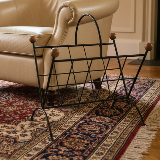 White armchair with a magazine rack on a patterned rug in a room with curtains and a fireplace.