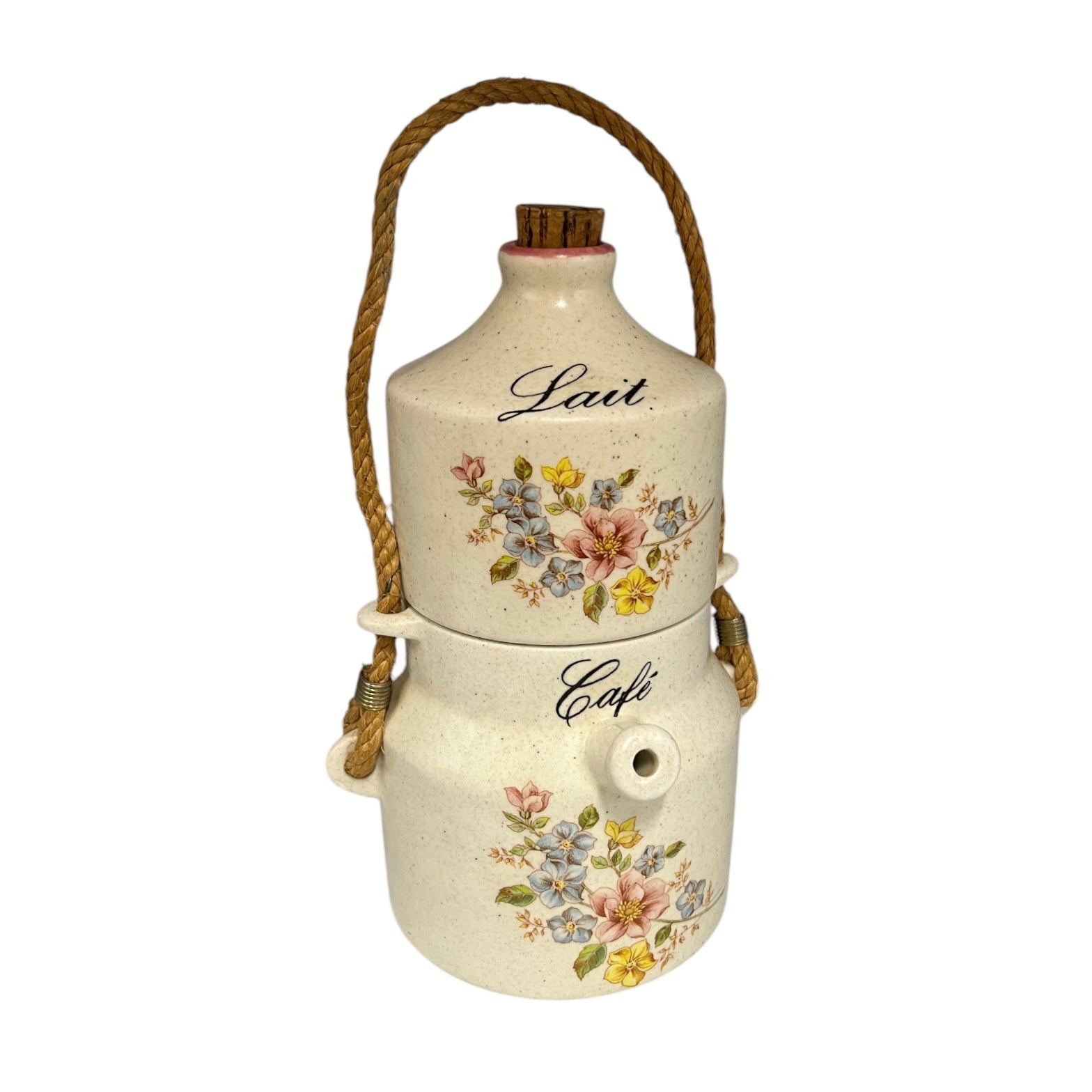 French Vintage Ceramic Coffee Pot and Milk Pot, 2 Piece Set for Cafe & Lait