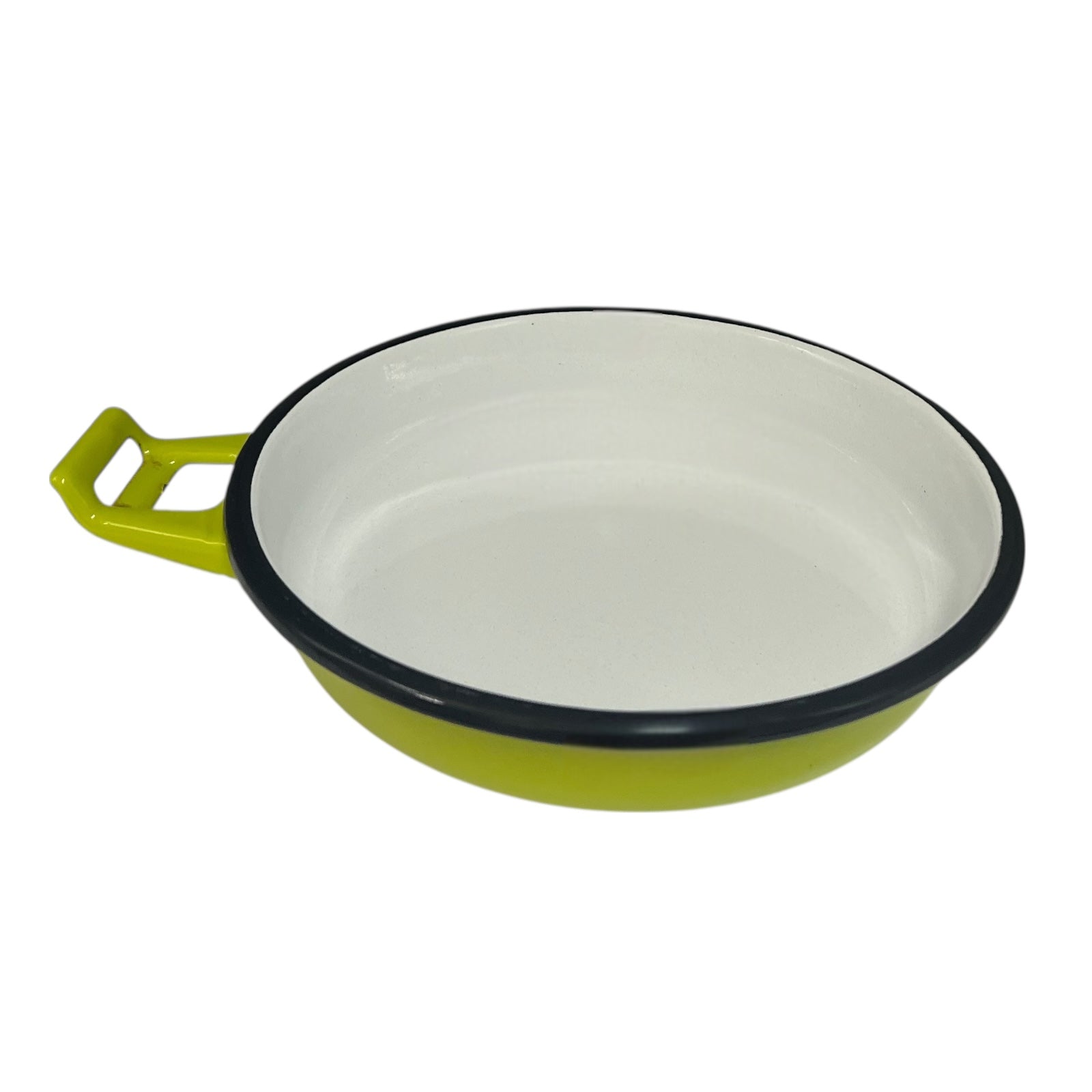 Green and black enameled cast iron skillet on a white background