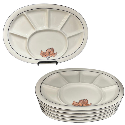 Set of 6 sectioned oval plates each with 7 compartments and a pink flower decoration on a white background, ideal for fondue or buffets