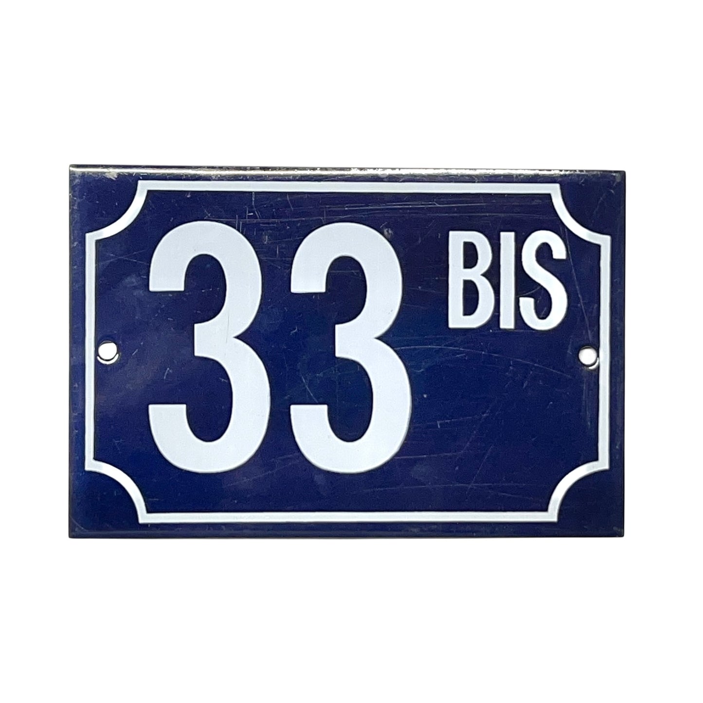 Navy blue rectangular sign with white text '33 BIS' on a white background for sale from All Things French Store