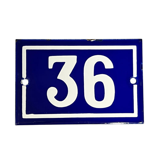 Vintage French Enamel Blue and White Door Number 36