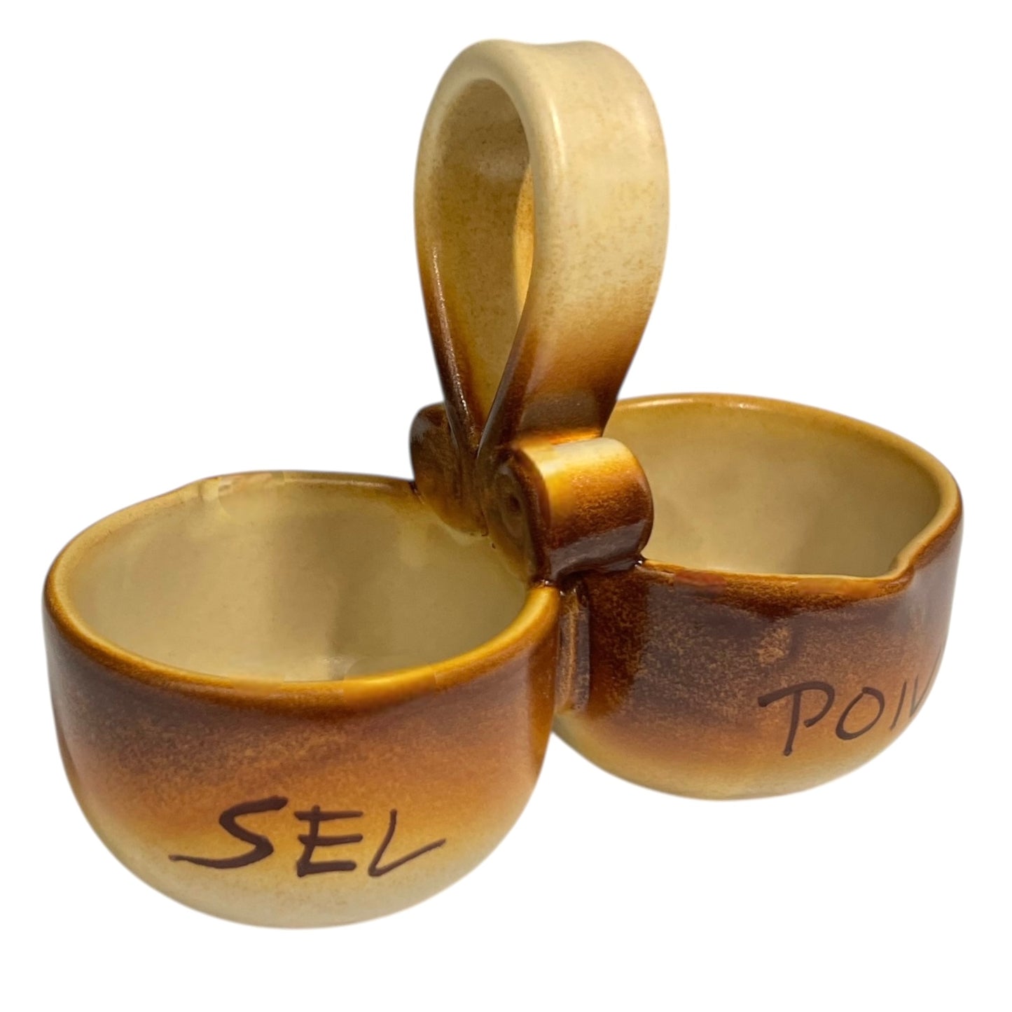 Ceramic salt and pepper shaker set with 'SEL' and 'POIVRE' writing on a white background