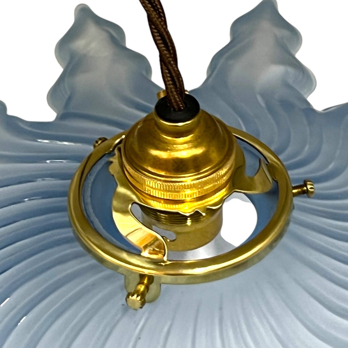 Close-up of a blue textured glass lampshade