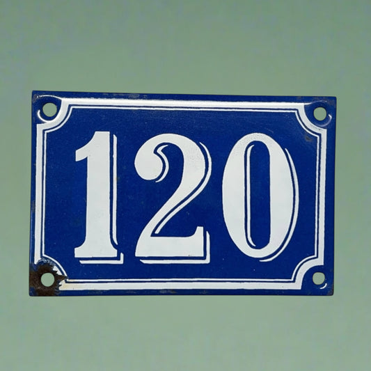 French Vintage Antique Enamel Door Number 120, White and Blue House Number 120 for sale from All Things French Store