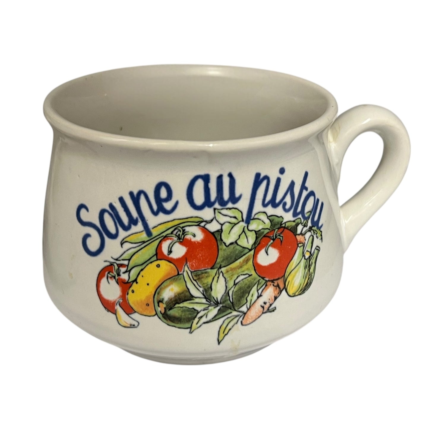 Ceramic mug with vegetable illustration and text on a white background