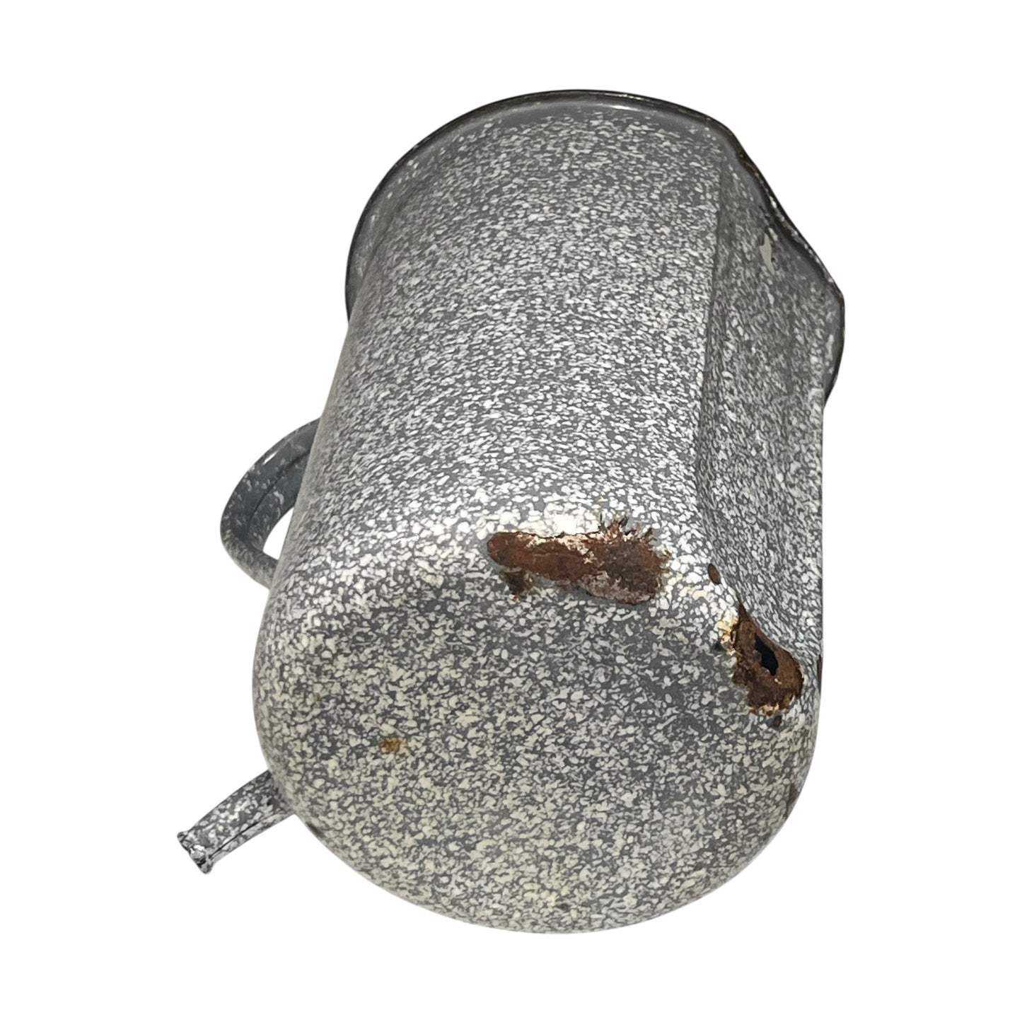 close up of vintage French grey and white speckled irrigator with a spout and a handle showing wear and tear on a white background