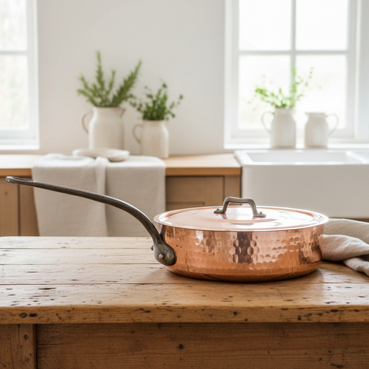 Copper pan on a wooden table in a bright kitchen
