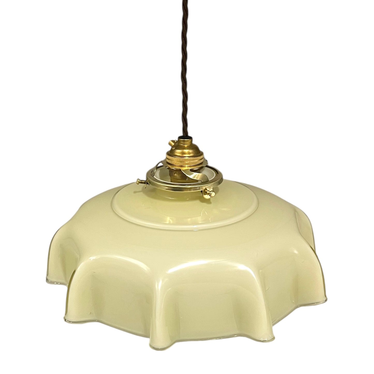Vintage French milk glass pendant light with scalloped edge shade, brass gallery, and twisted brown fabric cord, rewired for UK use on a white background