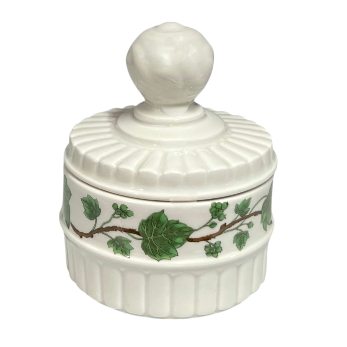 White ceramic jar with decorative lid and green leaf pattern on a white background for sale by All Things French Store