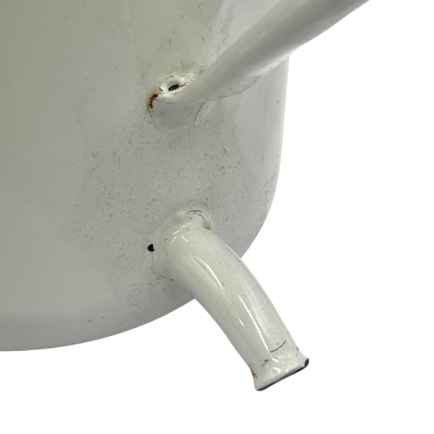 Close-up of a white enamel planter with a spout on a white background