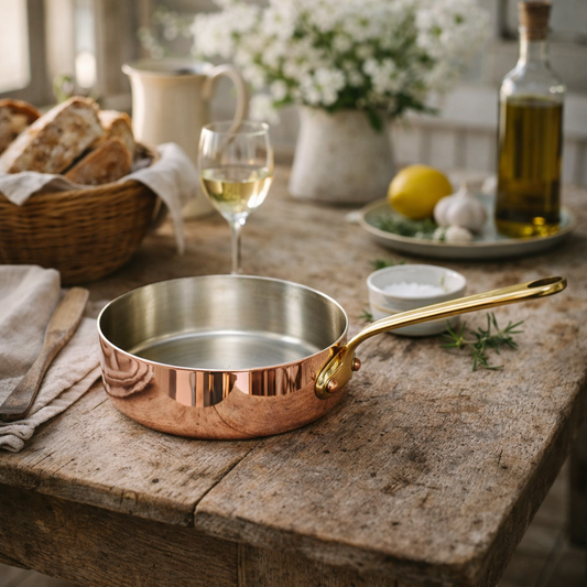 Copper frying pan skillet with a brass handle and tin lining on a rustic wooden table with wine, bread, and flowers in the background.