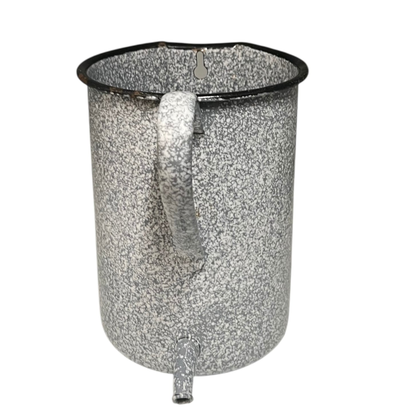 Vintage French grey and white speckled irrigator with a spout and a handle on a white background