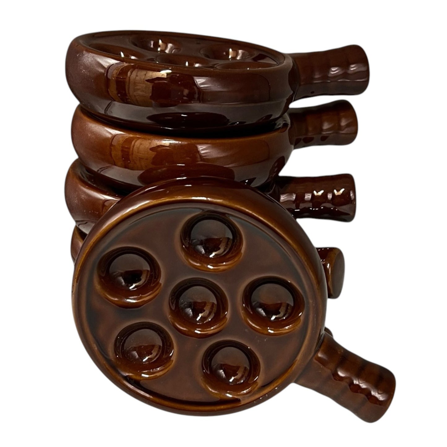 Set of 6 French Vintage Escargots Snail Plates, brown ceramic, each holding 6 snails