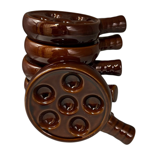 Set of 6 French Vintage Escargots Snail Plates, brown ceramic, each holding 6 snails