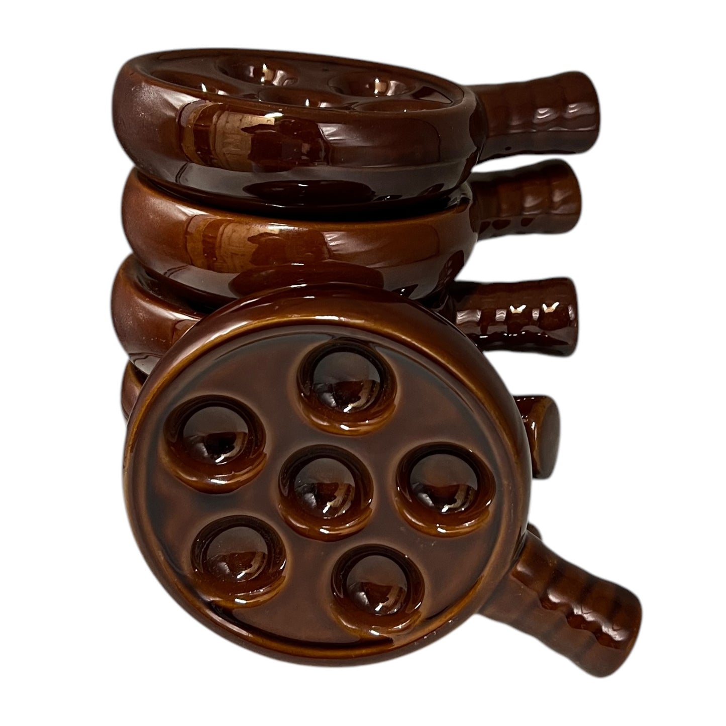 Set of 6 French Vintage Escargots Snail Plates, brown ceramic, each holding 6 snails