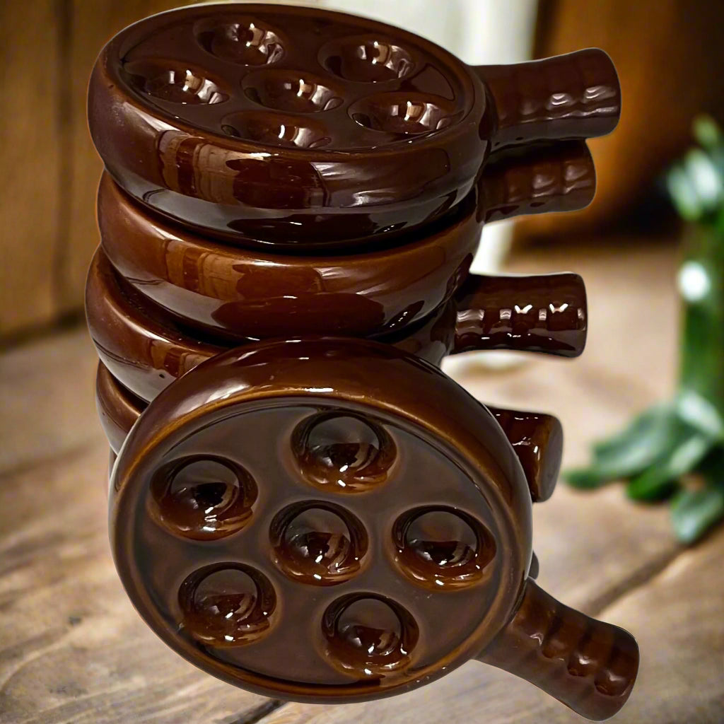 Set of 6 French Vintage Escargots Snail Plates, brown ceramic, each holding 6 snails