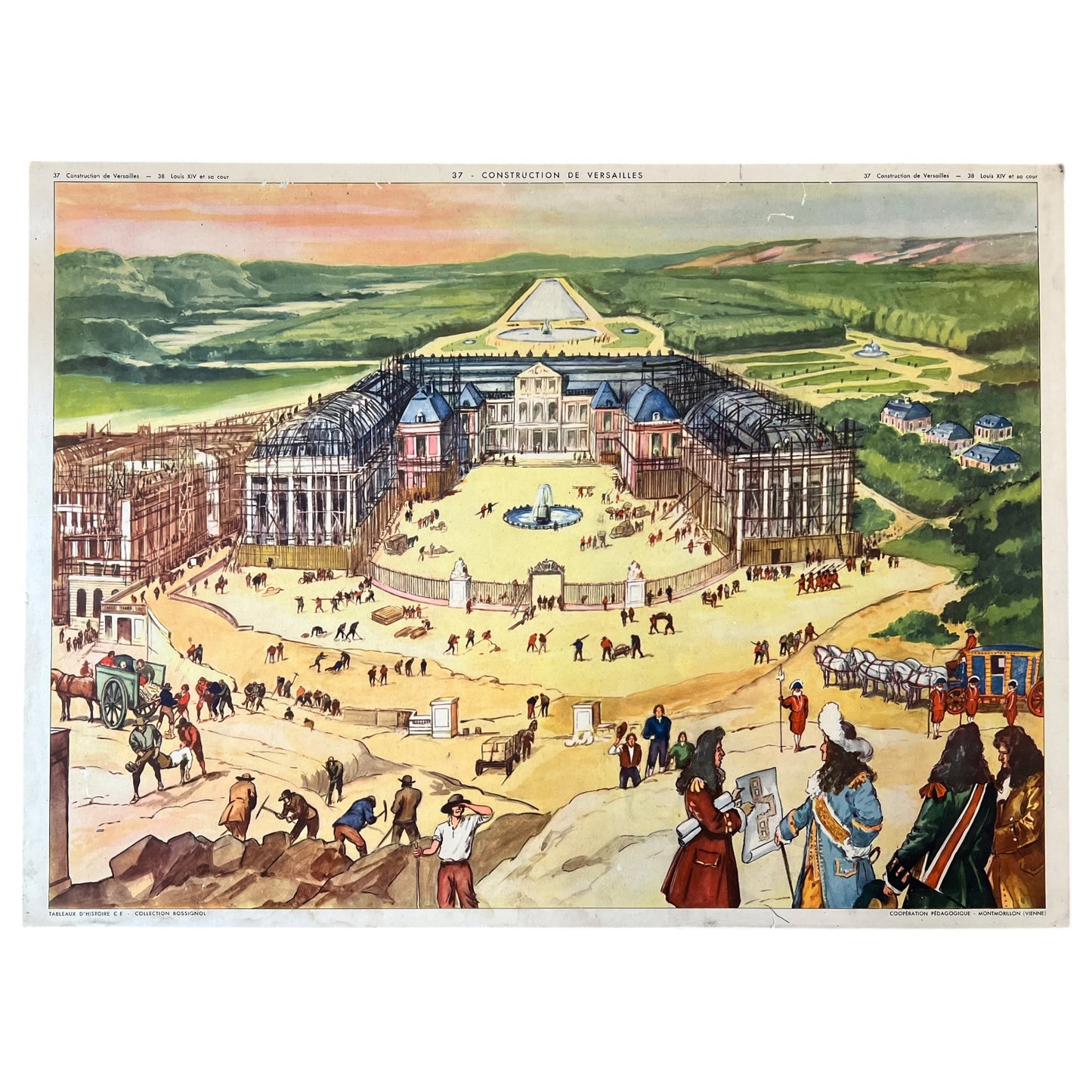 Vintage French Double Sided 1950s School Poster, Versailles Palace & Louis XIV Court for sale from All Things French Store
