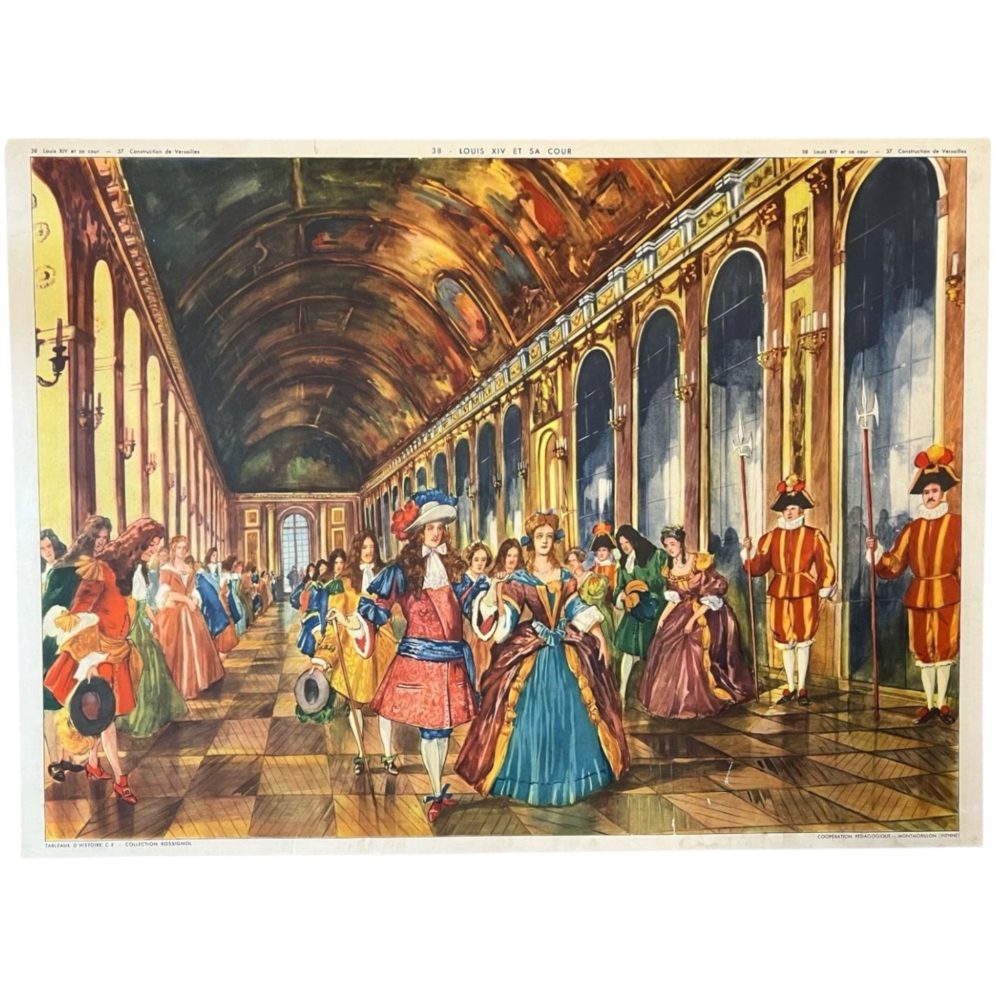 Vintage French Double Sided 1950s School Poster, Versailles Palace & Louis XIV Court for sale from All Things French Store