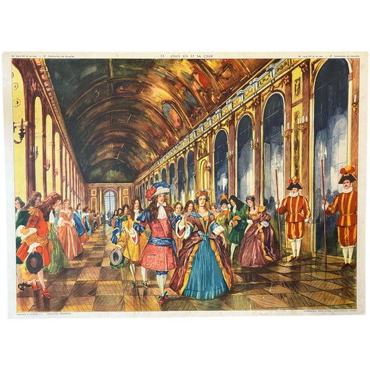 Vintage French Double Sided 1950s School Poster, Versailles Palace & Louis XIV Court for sale from All Things French Store
