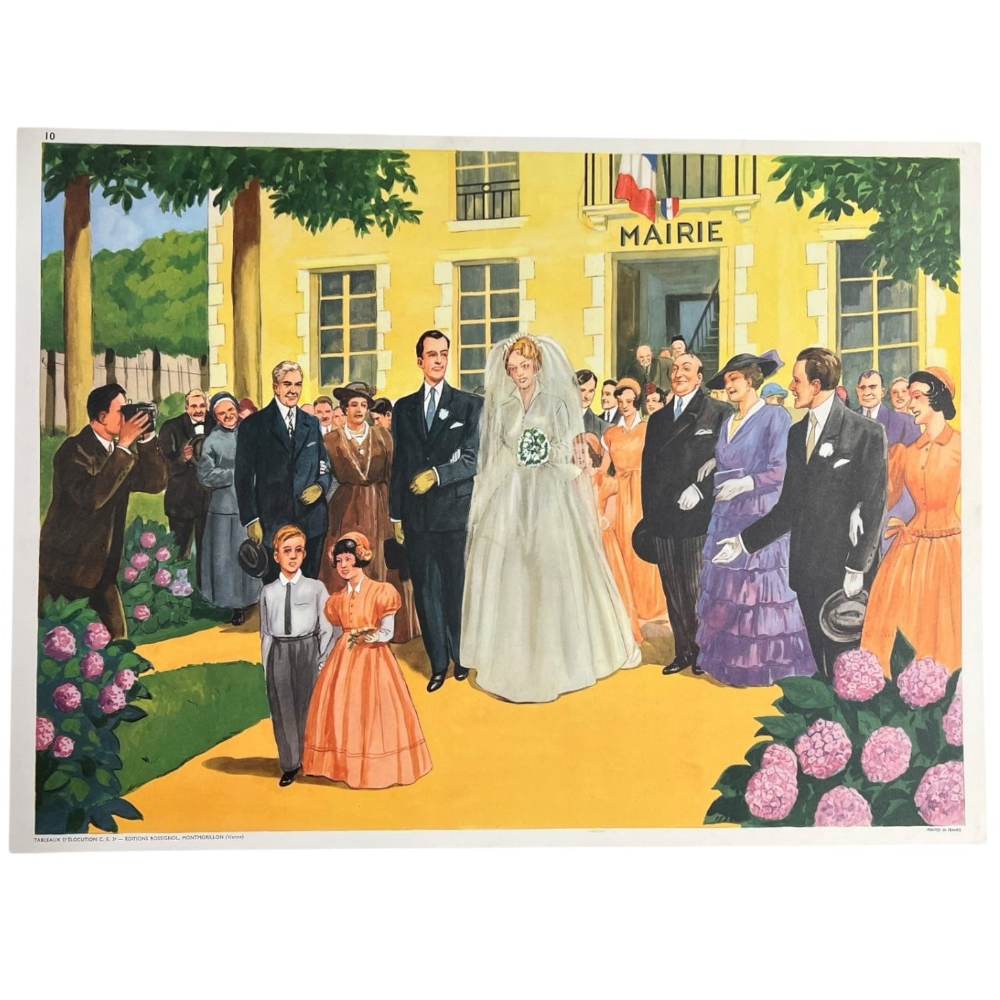Vintage French Double Sided School Poster - Marriage & Birthday Scenes