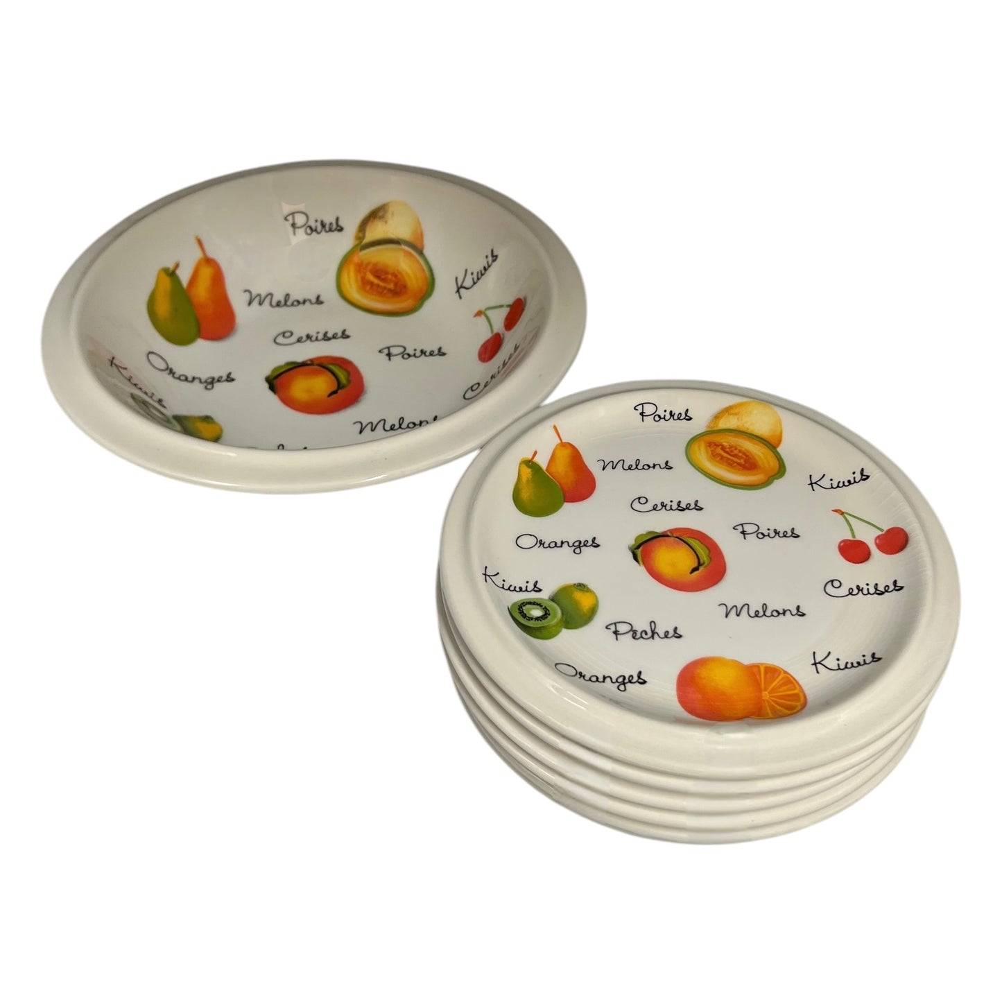 Set of 6 fruit plates with a larger serving bowl, decorated with fruits and French fruit names
