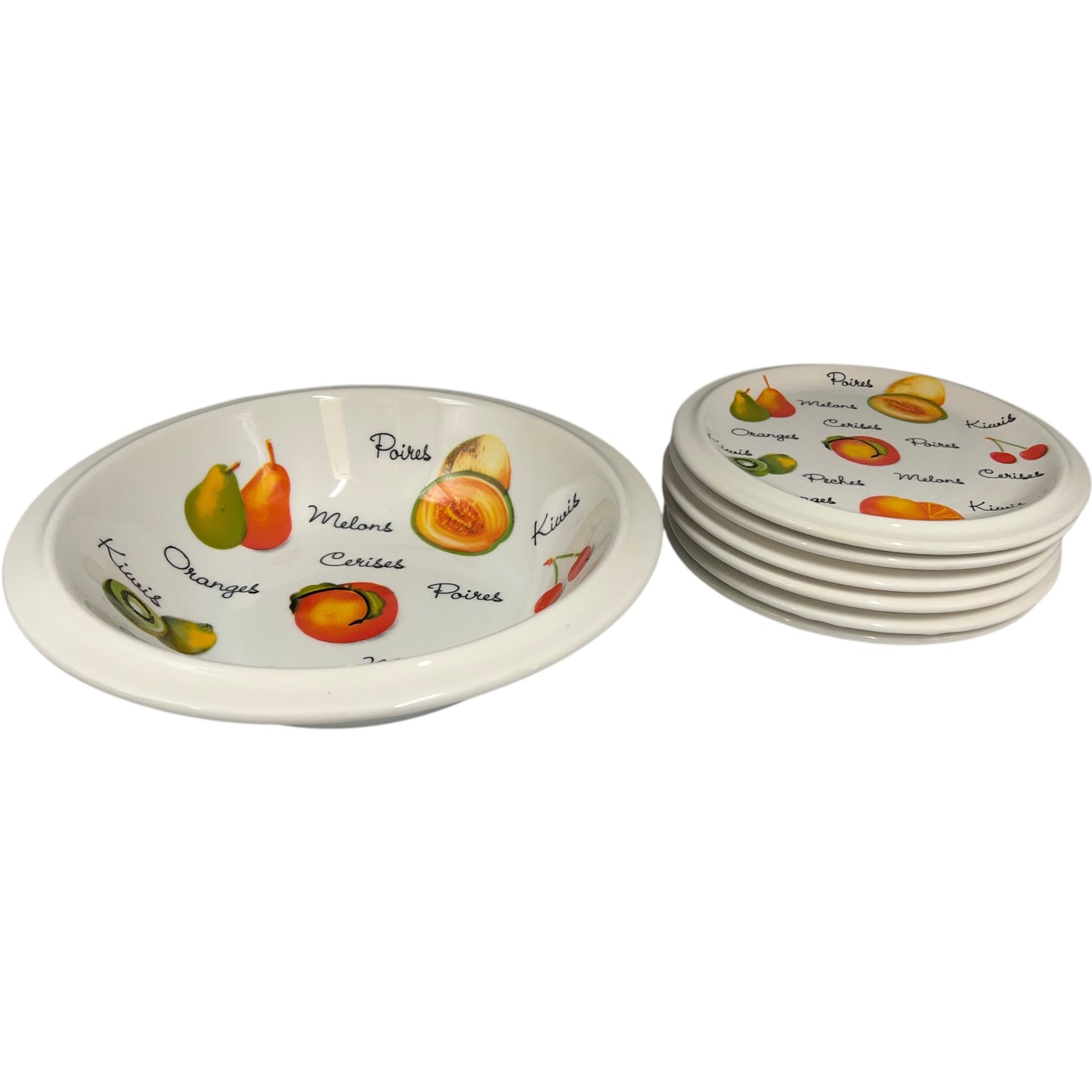 Set of 6 fruit plates with a larger serving bowl, decorated with fruits and French fruit names