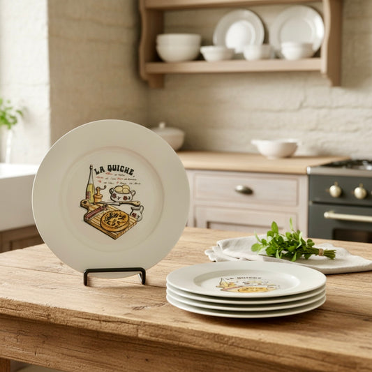 Decorative plates with a design on a wooden table in a kitchen setting