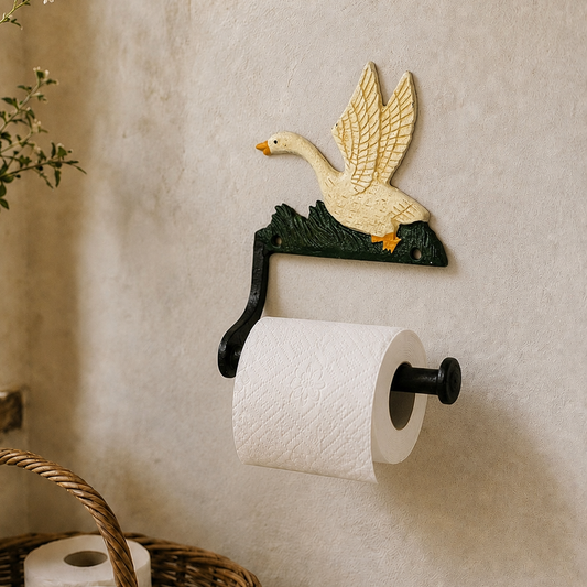 Cast iron shabby chic goose shaped farmhouse toilet roll holder made from cast iron - shown in a rustic bathroom
