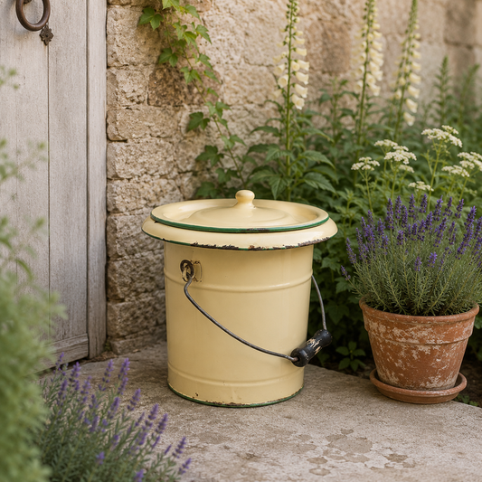 Vintage French Cream Enamel Potty Bucket – Rustic Planter or Bathroom Storage