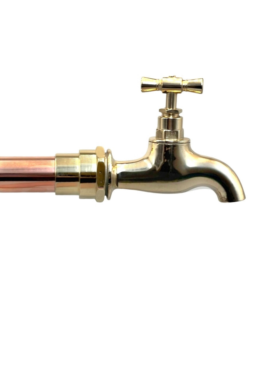 Brass and copper kitchen or bathroom wall taps on a white background